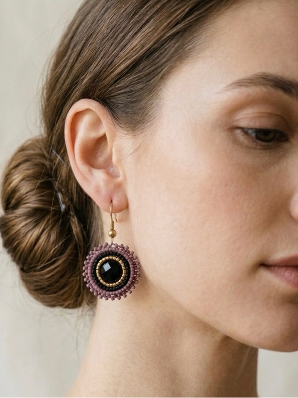 Hand Beaded Purple Black Gold Boho Dangle Drop Seed Bead Earrings NWT